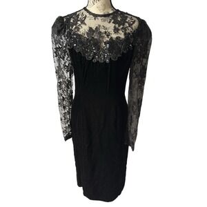 Vtg Scott McClintock Velvet Lace Dress Sz‎ 10 Black Sequins Goth Vamp Victorian